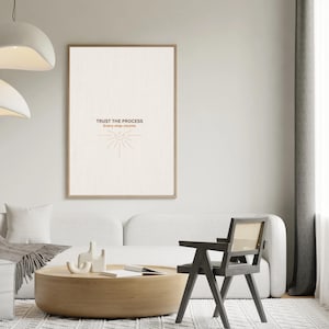 Op de afbeelding: Een ingelijste print met de tekst "TRUST THE PROCESS" en "Every step counts" in een minimalistisch ontwerp. De print wordt weergegeven in een moderne woonkamer met een witte bank, een houten salontafel en een zwarte stoel.