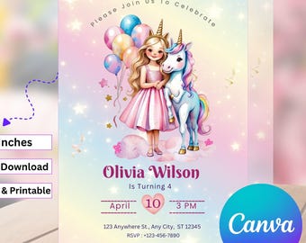 Editable Unicorn Princess Birthday Invitation: Magical Girl Party (Digital Download)