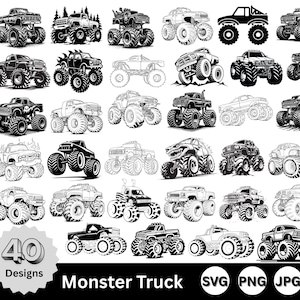 Puede incluir: Colección de 40 diseños de monster trucks en blanco y negro. Los camiones tienen ruedas grandes y diseños de carrocería variados. El texto "Monster Truck" está debajo, junto con iconos de tipo de archivo.