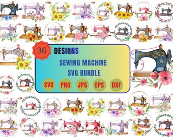 Floral Vintage Sewing Machine SVG Bundle, Seamstress Clipart, Tailor PNG (Digital Download)
