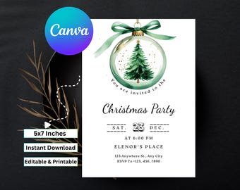 Elegant Christmas Party Invitation, Green Ornament (Digital Download)