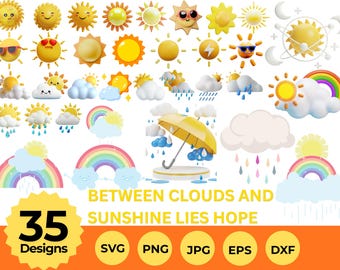 Kawaii Sun Cloud Rainbow Clipart Bundle, Weather PNG Graphics (Digital Download)