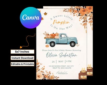 Invito per baby shower autunnale: camion blu, piccola zucca (download digitale)