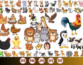 Cartoon Animal Clipart Bundle, Farm Safari Zoo Animals SVG PNG JPG (Digital Download)