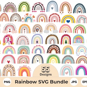 May include: A set of 55 rainbow designs in diverse colours and patterns, featuring hearts, stars, and floral motifs. The image includes the text "Rainbow SVG Bundle" and file type icons for SVG, PNG, JPG, EPS, and DXF.
