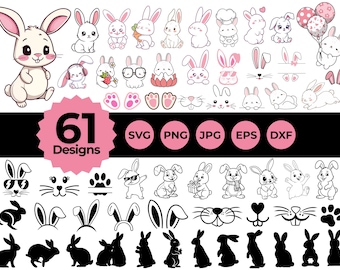 Easter Bunny SVG Clipart Bundle, Kawaii Rabbit Designs (Digital Download)