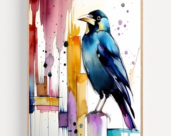 Raven Watercolor Painting Modern Crow Art Print Colorful Bird Decor