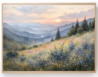 Smoky Mountains Watercolor Painting: Appalachian Sunset Landscape Art Print