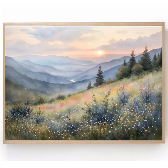 Smoky Mountains Watercolor Painting: Appalachian Sunset Landscape Art Print
