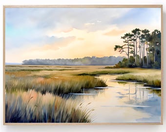 Charleston  Watercolor Art print Marsh Sunset Painting South Carolina
