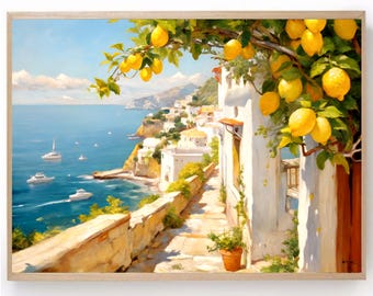 Impresión artística de paisaje marino italiano de Positano, arte mural mediterráneo de Amalfi