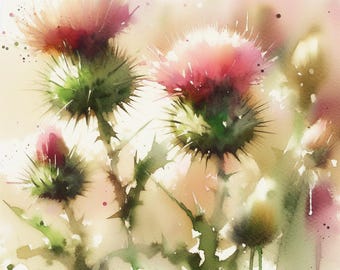 Thistle Watercolor Painting Wildflowers Art Print Floral Artwork Botanical poster