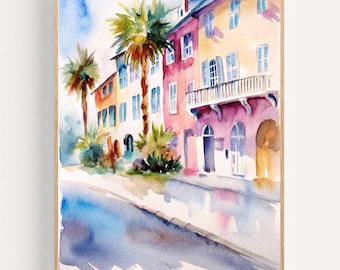 Pintura de Rainbow Row, impresión artística en acuarela, póster del paisaje urbano de Charleston, obra de arte callejera de Carolina del Sur