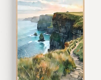 Cliffs of Moher Watercolor Painting: Irish Coastal Landscape Art Print Ireland Wall Art