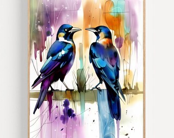 Raven Watercolor Painting Crow Art Print Colorful Birds Decor Black Bird