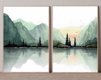 Misty Mountain Lake Set of 2 Watercolor Painting Teal Landscape Print