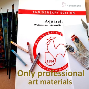 May include: A collection of professional art supplies, including watercolor paints, pastels, paint tubes, and brushes. The image features a watercolor pad with the text "Aquarell" and "Hahnem&uuml;hle" branding, along with the text "Only professional art materials".