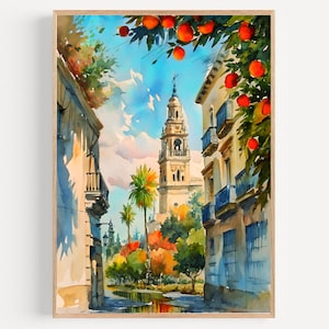 Seville Watercolor Art Print SpainTravel Painting Orange Tree Art