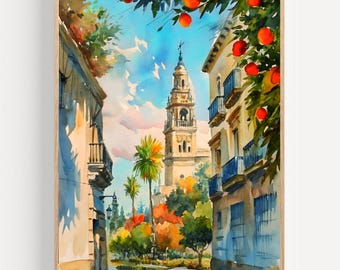Seville Watercolor Art Print SpainTravel Painting Orange Tree Art
