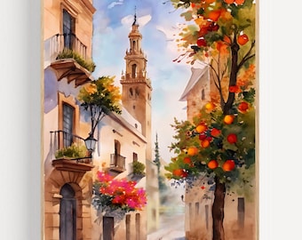 Seville Painting Watercolor Spain Sityscape Art Print Orange Tree Art