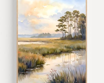 Charleston Marsh Sunset Watercolor Print: South Carolina Lowcountry Landscape