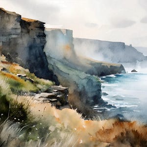Puede incluir: Pintura a la acuarela de un paisaje costero con acantilados escarpados y el mar. La obra de arte utiliza una paleta de colores apagados de azules, verdes y marrones, con una calidad brumosa y atmosf&eacute;rica. Los acantilados est&aacute;n detallados con texturas en capas.
