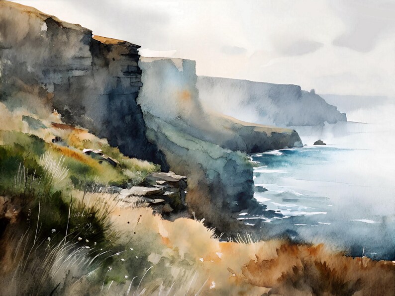 Puede incluir: Pintura a la acuarela de un paisaje costero con acantilados escarpados y el mar. La obra de arte utiliza una paleta de colores apagados de azules, verdes y marrones, con una calidad brumosa y atmosf&eacute;rica. Los acantilados est&aacute;n detallados con texturas en capas.