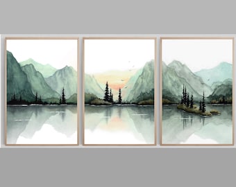 Misty Mountain Lake Watercolor Set of 3 Art Print Minimalist Painting