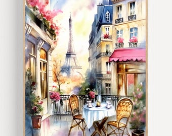Paris Cafe Watercolor Painting Eiffel Tower Art Print France Wall Art