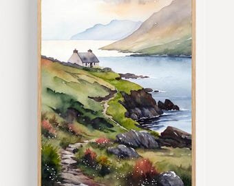 Irish Coast Watercolor Art Print: Ireland Cottage Landscape