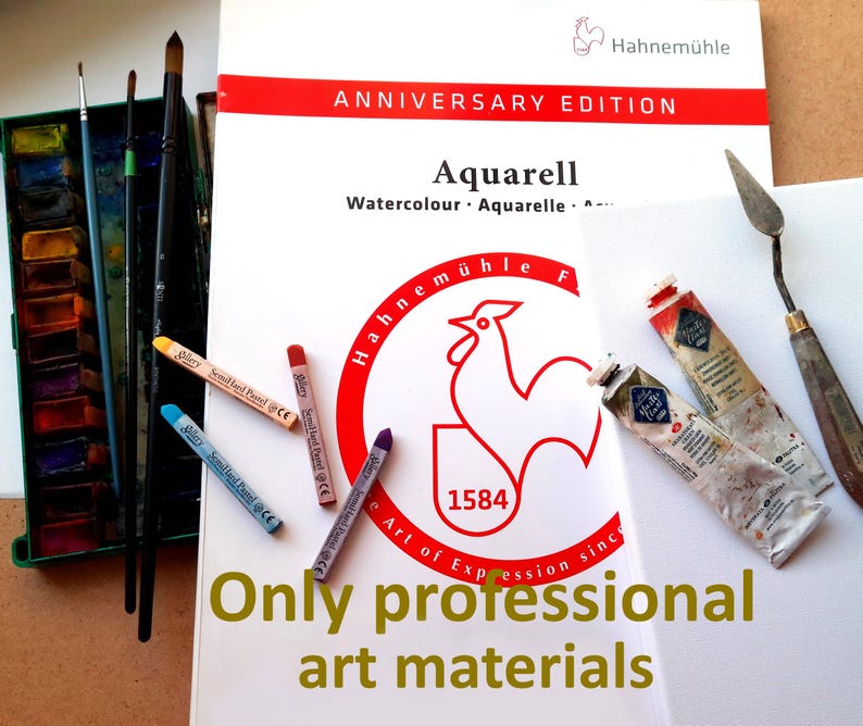 Puede incluir: Un conjunto de materiales de arte profesionales, que incluyen acuarelas, pasteles, tubos de pintura y pinceles. La imagen presenta un bloc de acuarela con el texto "Aquarell" y la marca "Hahnem&uuml;hle", as&iacute; como el texto "Only professional art materials".