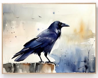 Crow Watercolor Painting Modern Raven Art Print Black Bird Wall Art