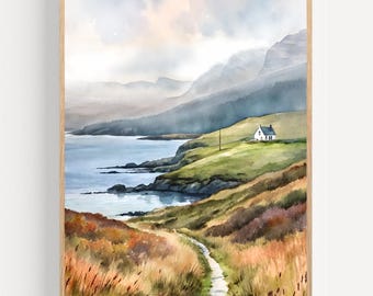 Irish Coastal Cottage Watercolor Painting: Wild Atlantic Way Art Print