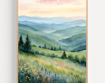 Smoky Mountains Watercolor Art Print: Appalachian Sunset Landscape