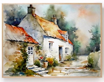 English Cottage Watercolor Print Country House Painting Farmhouse Art