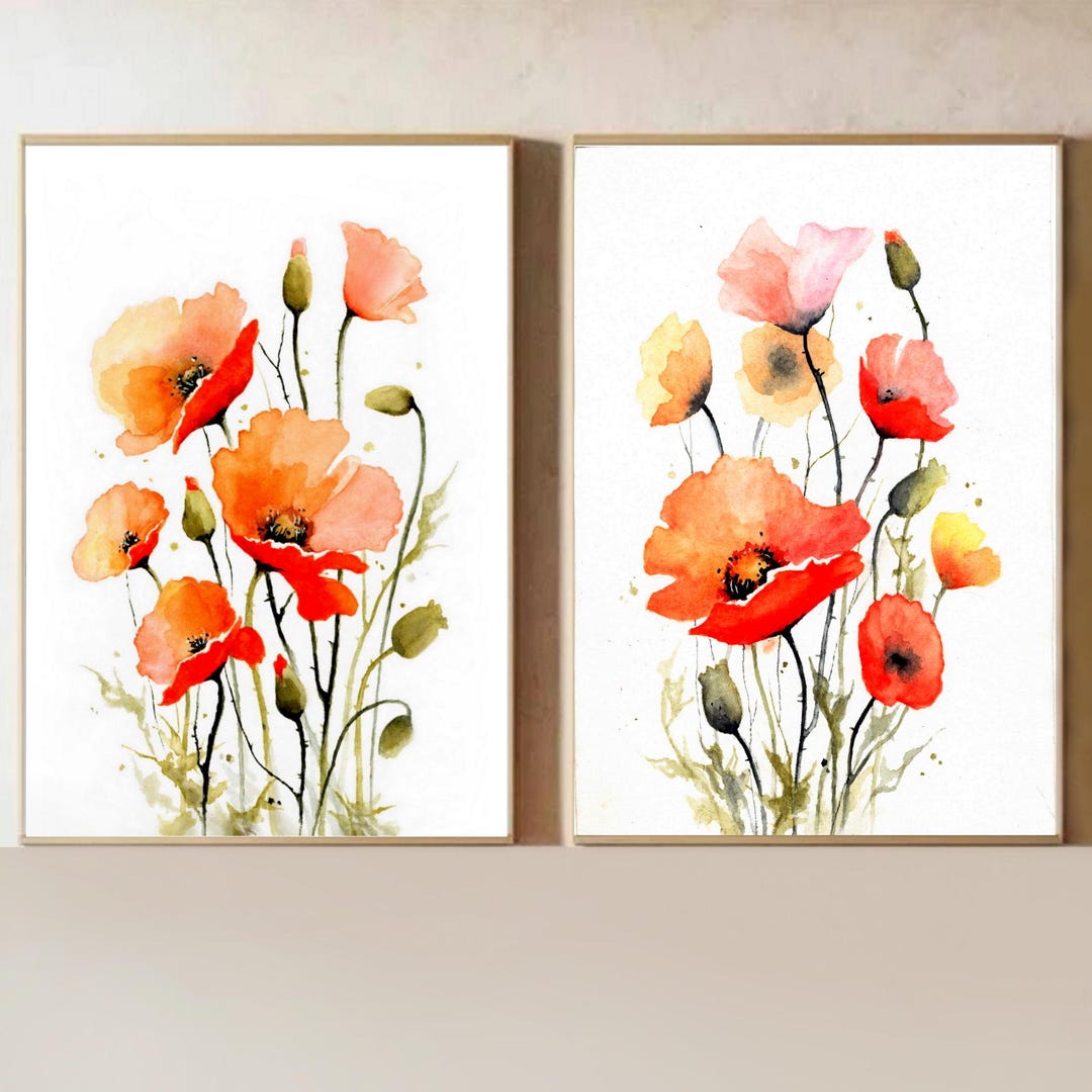 Poppy Watercolor Set of 2 Art Print California Poppies Painting Red ...
