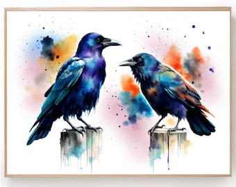 Raven Watercolor Painting Crow Art Print Colorful Birds Decor Black Bird