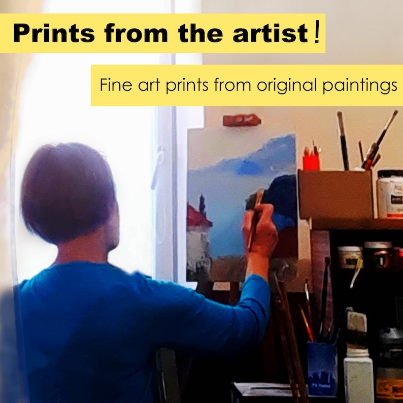May include: An artist painting a landscape with a brush. The image includes text that reads "Prints from the artist!" and "Fine art prints from original paintings."