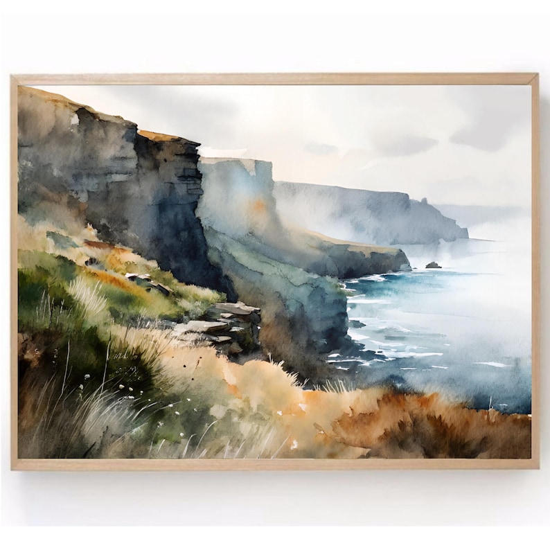 Puede incluir: Pintura a la acuarela de un paisaje costero con acantilados y oc&eacute;ano. La obra presenta una paleta de azules, verdes y marrones, con un marco de madera. Los acantilados est&aacute;n representados en tonos grises y marrones.