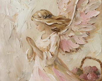 Angel Guardian Art Print: Pink Beige Nursery Decor Baby Shower Gift  Religious Wall Art