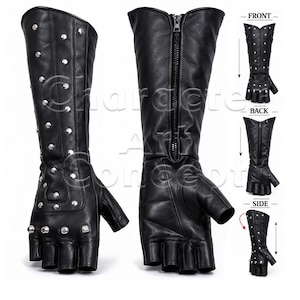 Guantes de cuero negro con tachuelas – Guantes largos sin dedos con cremallera trasera – Punk rock gótico