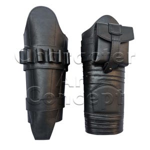 May include: Two black leather arm bracers. One has a series of small, cylindrical holders, and the other features a small pouch with a flap and buckle. Both are designed with stitched details and straps.