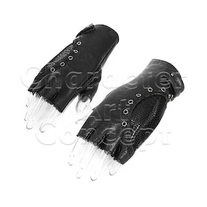 May include: A pair of black fingerless gloves. The gloves are made of textured leather with a mesh panel and are adorned with silver grommets. The gloves are displayed on clear plastic hand forms.