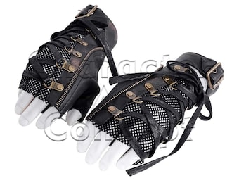 Dieselpunk Fingerless Gloves | Steampunk Leather Hand Mittens | Gothic Punk Mesh Gloves | Adjustable Laced | Cosplay Accessories