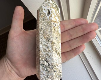 Torre de cristal de jaspe oceánico grueso / Bolsillos de drusa / 6,1 pulgadas (449 g)
