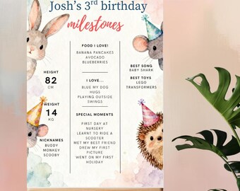 May include: A milestone poster for a child's third birthday, featuring watercolor illustrations of a bunny, mouse, and hedgehog. The poster includes the child's height at 82 cm and weight at 14 kg. It lists favorite foods, toys, and special moments, perfect for a keepsake.