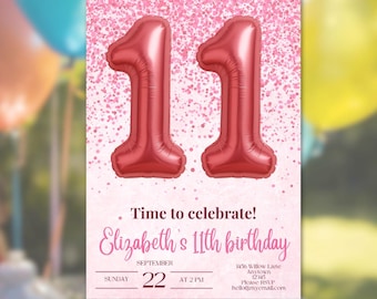 Pink balloon eleventh Birthday Invitation template: 11th birthday party invite, Editable Party Invite (Canva) Digital download