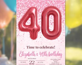 Plantilla de invitación para el 40 cumpleaños con globos rosas: invitación para el 40 cumpleaños, Cuarenta, invitación editable para fiesta (Canva) Descarga digital