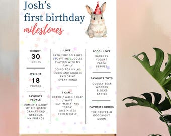 May include: A first birthday milestone poster with a bunny illustration wearing a party hat. The poster includes the child's height at 76 cm, weight at 8.2 kg, favorite foods, toys, and books. The poster is displayed on an easel.
