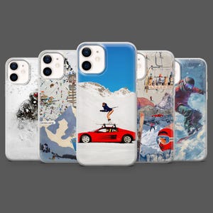 May include: A collection of five phone cases with winter sports-themed designs. The cases feature images of skiers, snowboarders, and a red sports car with a skier on top, set against snowy mountain backdrops.